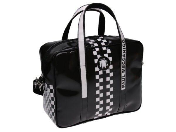 RECTANGULAR WOMEN'S BAG BLACK AND WHITE "GRAND PRIX" STYLE. MODEL PINCA MADE OF LORRY TARPAULIN. - Unique Pieces Paul Meccanico