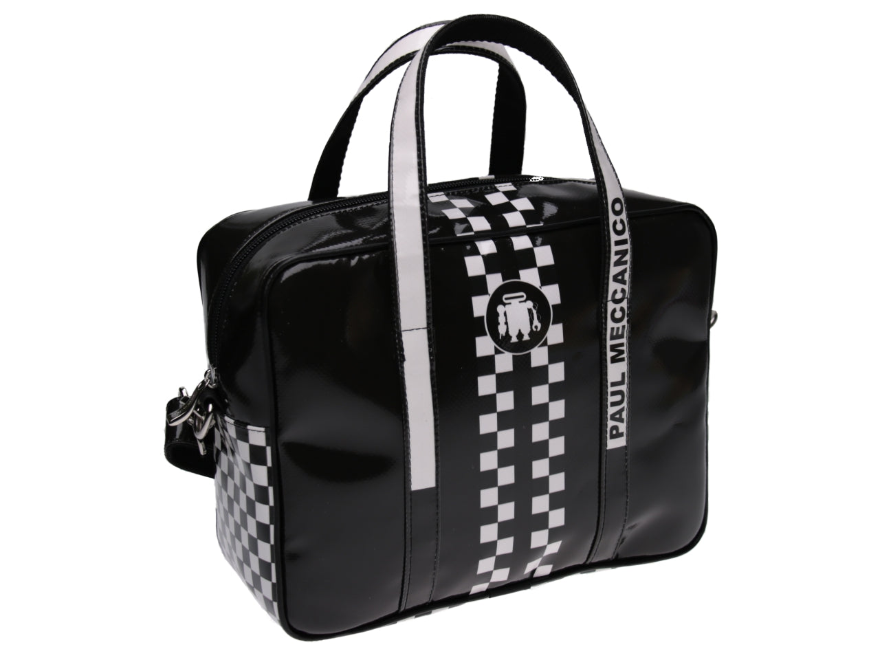 RECTANGULAR WOMEN'S BAG BLACK AND WHITE "GRAND PRIX" STYLE. MODEL PINCA MADE OF LORRY TARPAULIN. - Unique Pieces Paul Meccanico